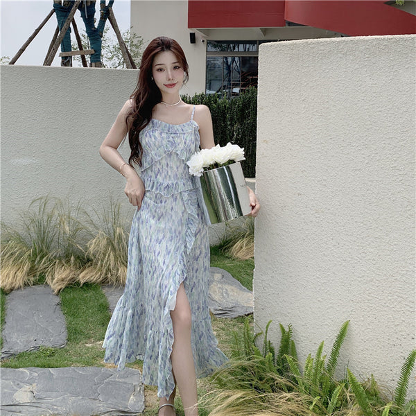 Beautiful Attractive Dream Tie Dye Spaghetti Strap Ruffle Layer Side Split Hem Dress