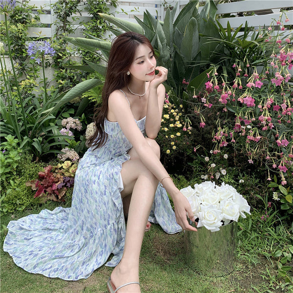 Beautiful Attractive Dream Tie Dye Spaghetti Strap Ruffle Layer Side Split Hem Dress