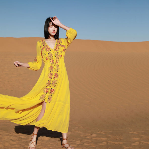 Autumn Elegant Floral Bohemian Boho Long Sleeves Embroidery Tunic Loose Tie Waist Dress
