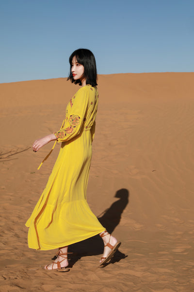 Autumn Elegant Floral Bohemian Boho Long Sleeves Embroidery Tunic Loose Tie Waist Dress