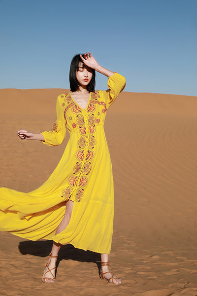 Autumn Elegant Floral Bohemian Boho Long Sleeves Embroidery Tunic Loose Tie Waist Dress