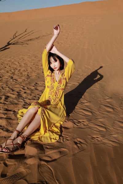 Autumn Elegant Floral Bohemian Boho Long Sleeves Embroidery Tunic Loose Tie Waist Dress