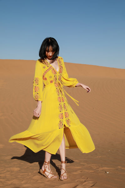 Autumn Elegant Floral Bohemian Boho Long Sleeves Embroidery Tunic Loose Tie Waist Dress