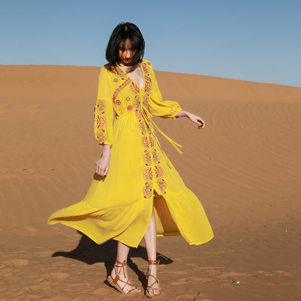 Autumn Elegant Floral Bohemian Boho Long Sleeves Embroidery Tunic Loose Tie Waist Dress