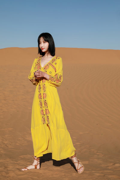 Autumn Elegant Floral Bohemian Boho Long Sleeves Embroidery Tunic Loose Tie Waist Dress