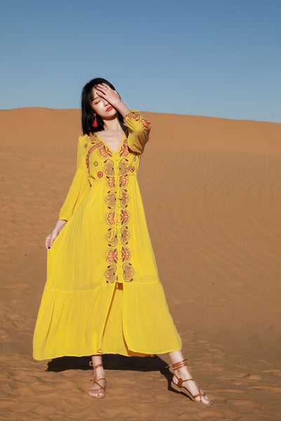 Autumn Elegant Floral Bohemian Boho Long Sleeves Embroidery Tunic Loose Tie Waist Dress