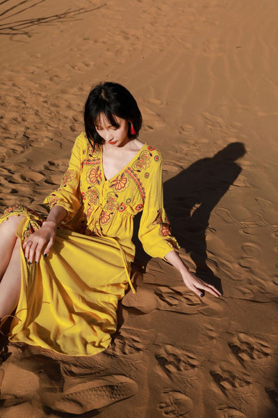 Autumn Elegant Floral Bohemian Boho Long Sleeves Embroidery Tunic Loose Tie Waist Dress