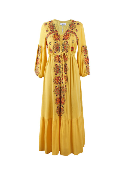 Autumn Elegant Floral Bohemian Boho Long Sleeves Embroidery Tunic Loose Tie Waist Dress