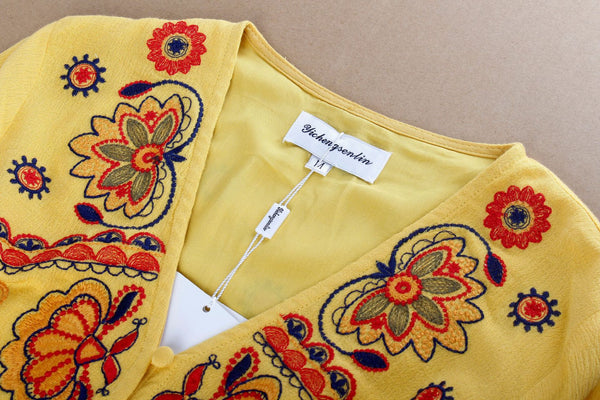 Autumn Elegant Floral Bohemian Boho Long Sleeves Embroidery Tunic Loose Tie Waist Dress