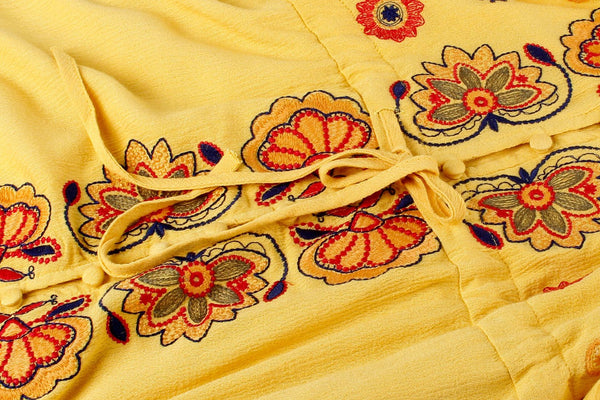 Autumn Elegant Floral Bohemian Boho Long Sleeves Embroidery Tunic Loose Tie Waist Dress