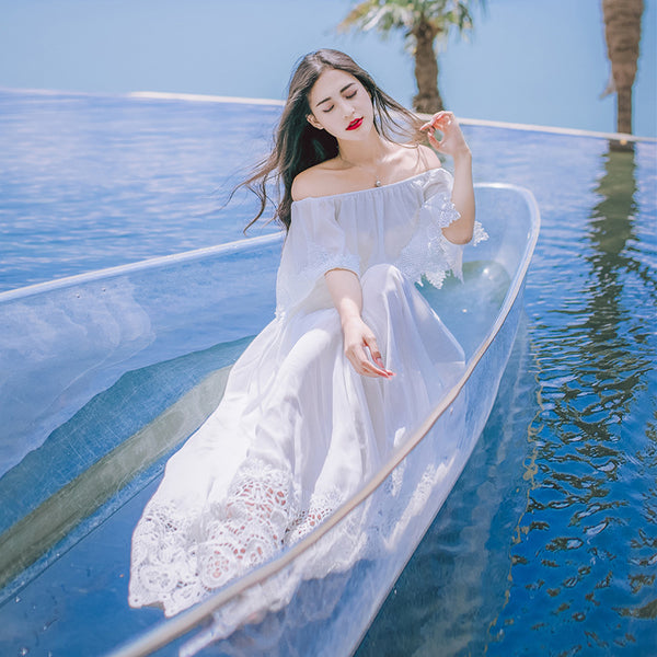 Sweet Bohemian Water Sprite Off Shoulder Ruffled Top Lace Irregular Big Swing Long Dress
