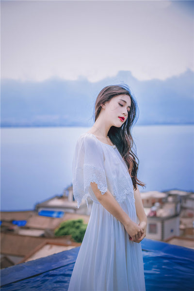 Sweet Bohemian Water Sprite Off Shoulder Ruffled Top Lace Irregular Big Swing Long Dress