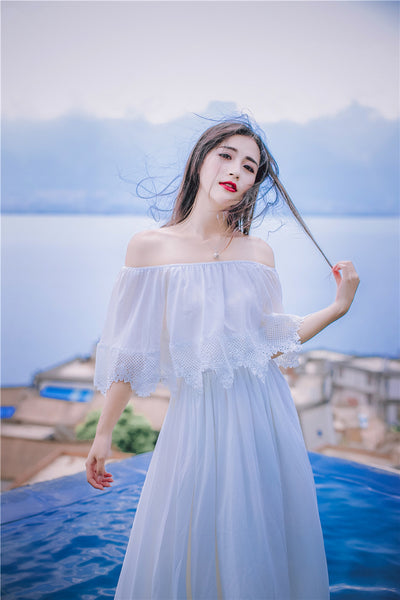 Sweet Bohemian Water Sprite Off Shoulder Ruffled Top Lace Irregular Big Swing Long Dress