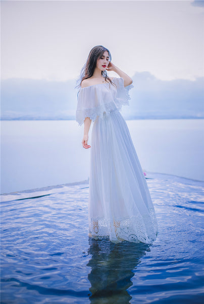 Sweet Bohemian Water Sprite Off Shoulder Ruffled Top Lace Irregular Big Swing Long Dress