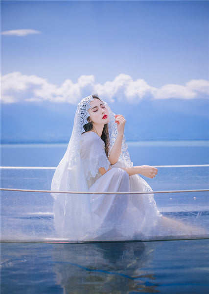 Sweet Bohemian Water Sprite Off Shoulder Ruffled Top Lace Irregular Big Swing Long Dress