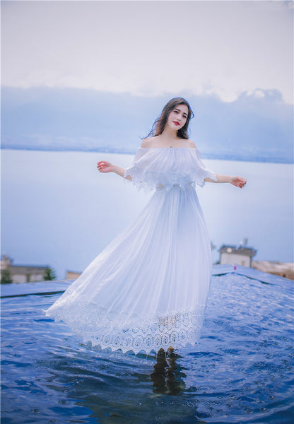 Sweet Bohemian Water Sprite Off Shoulder Ruffled Top Lace Irregular Big Swing Long Dress