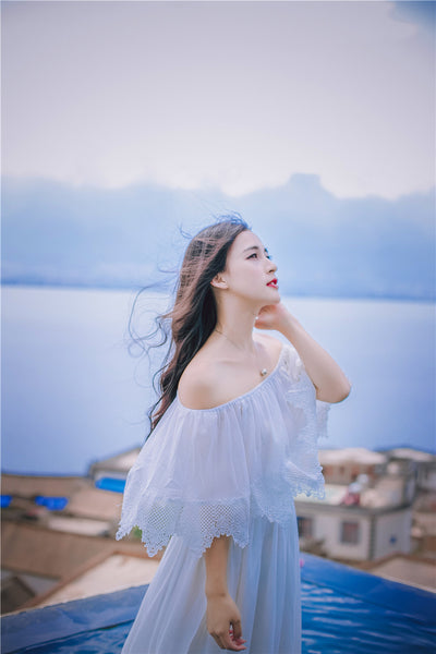 Sweet Bohemian Water Sprite Off Shoulder Ruffled Top Lace Irregular Big Swing Long Dress