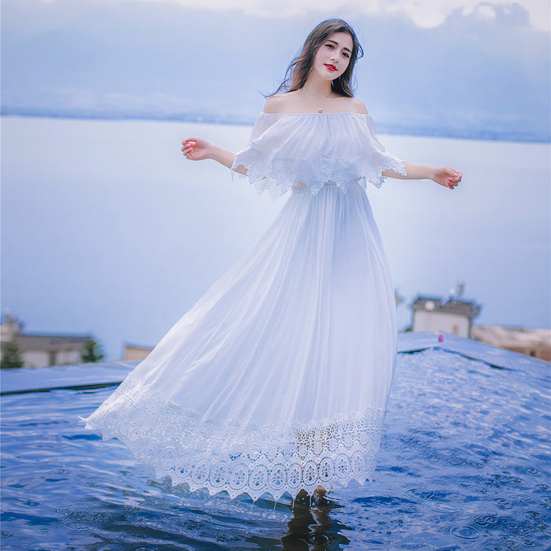 Sweet Bohemian Water Sprite Off Shoulder Ruffled Top Lace Irregular Big Swing Long Dress