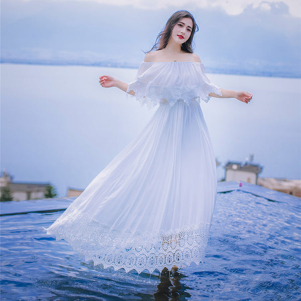 Sweet Bohemian Water Sprite Off Shoulder Ruffled Top Lace Irregular Big Swing Long Dress