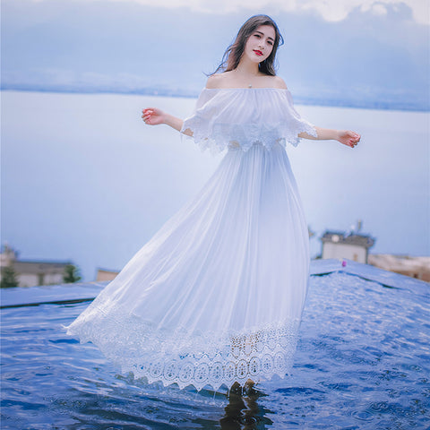 Sweet Bohemian Water Sprite Off Shoulder Ruffled Top Lace Irregular Big Swing Long Dress