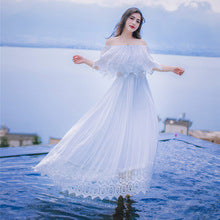 Sweet Bohemian Water Sprite Off Shoulder Ruffled Top Lace Irregular Big Swing Long Dress