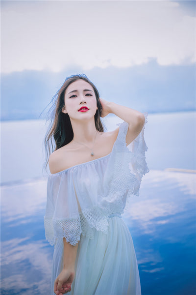 Sweet Bohemian Water Sprite Off Shoulder Ruffled Top Lace Irregular Big Swing Long Dress