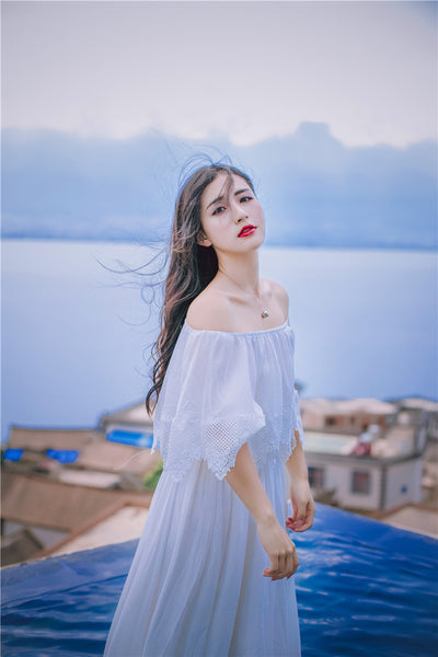 Sweet Bohemian Water Sprite Off Shoulder Ruffled Top Lace Irregular Big Swing Long Dress