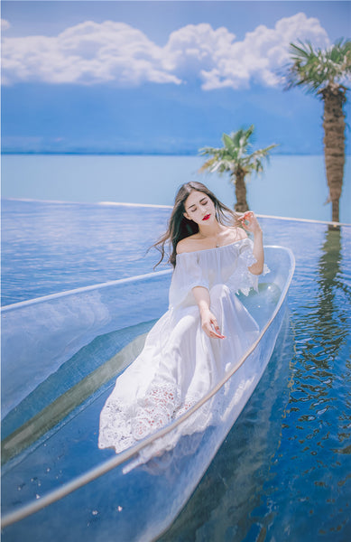 Sweet Bohemian Water Sprite Off Shoulder Ruffled Top Lace Irregular Big Swing Long Dress