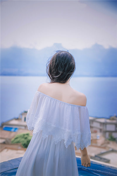 Sweet Bohemian Water Sprite Off Shoulder Ruffled Top Lace Irregular Big Swing Long Dress