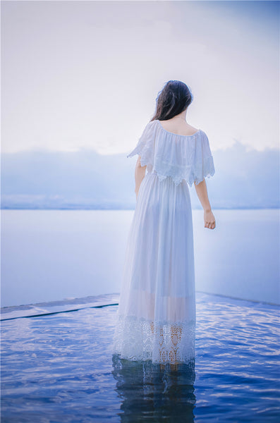 Sweet Bohemian Water Sprite Off Shoulder Ruffled Top Lace Irregular Big Swing Long Dress