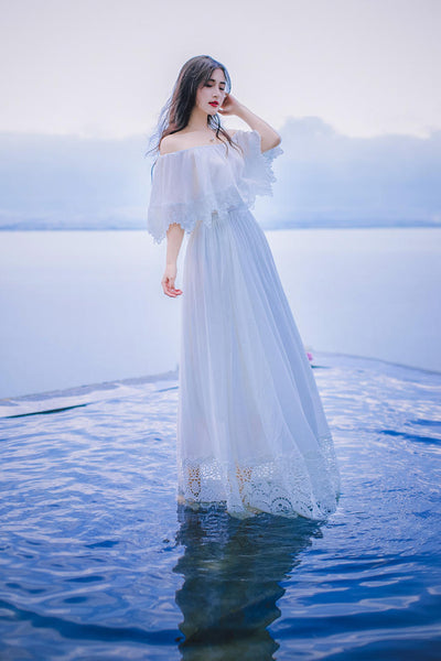 Sweet Bohemian Water Sprite Off Shoulder Ruffled Top Lace Irregular Big Swing Long Dress