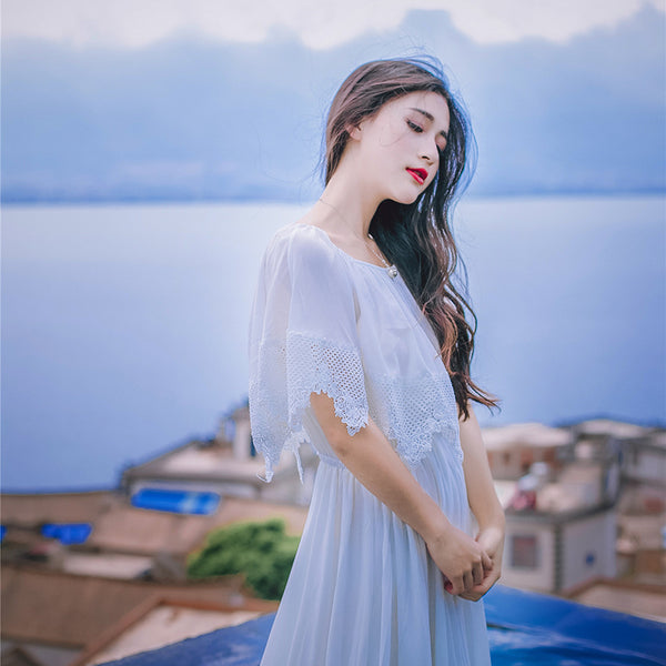 Sweet Bohemian Water Sprite Off Shoulder Ruffled Top Lace Irregular Big Swing Long Dress