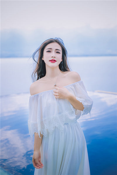 Sweet Bohemian Water Sprite Off Shoulder Ruffled Top Lace Irregular Big Swing Long Dress