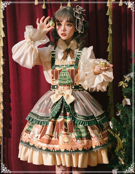 Cute Japanese Christmas Sweet Lolita Top Trumpet Sleeve Shirt Lolita Ruffled Multi Layer Dress