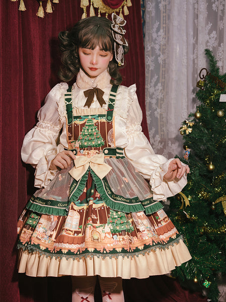 Cute Japanese Christmas Sweet Lolita Top Trumpet Sleeve Shirt Lolita Ruffled Multi Layer Dress