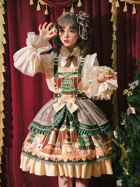 Cute Japanese Christmas Sweet Lolita Top Trumpet Sleeve Shirt Lolita Ruffled Multi Layer Dress