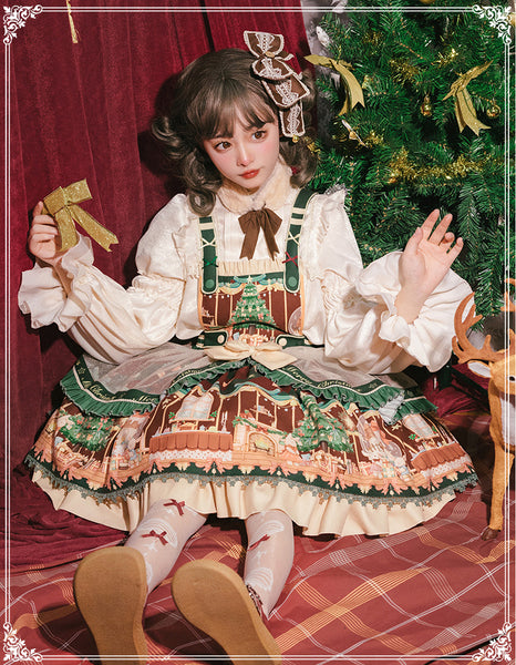 Cute Japanese Christmas Sweet Lolita Top Trumpet Sleeve Shirt Lolita Ruffled Multi Layer Dress