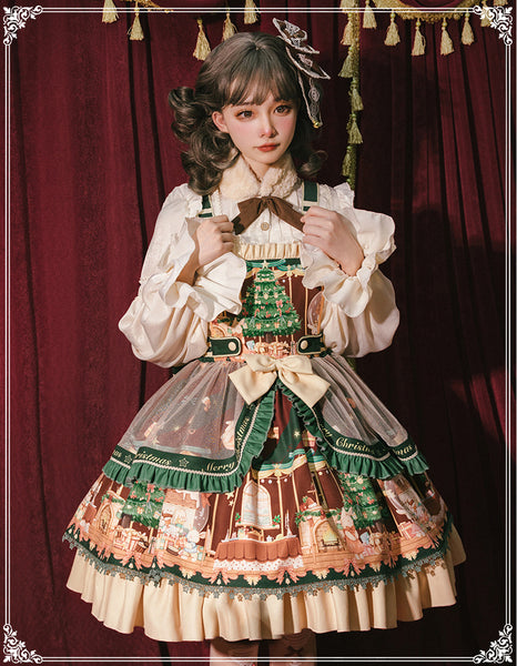 Cute Japanese Christmas Sweet Lolita Top Trumpet Sleeve Shirt Lolita Ruffled Multi Layer Dress
