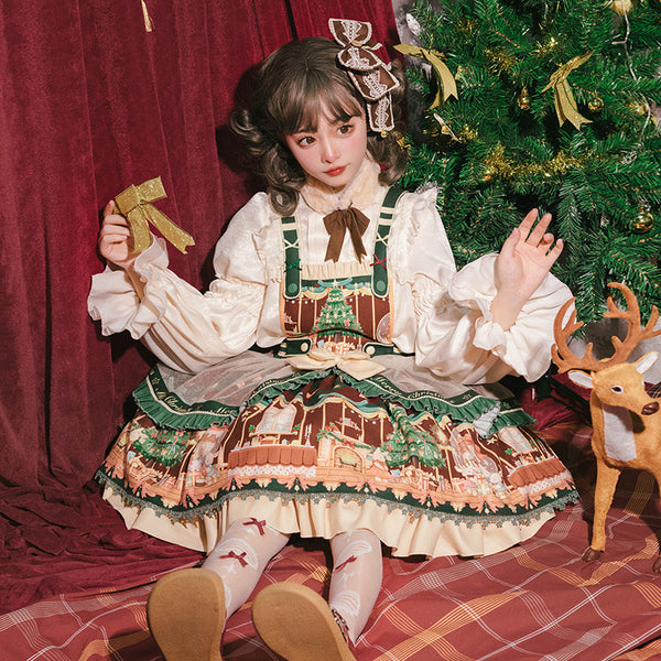 Cute Japanese Christmas Sweet Lolita Top Trumpet Sleeve Shirt Lolita Ruffled Multi Layer Dress