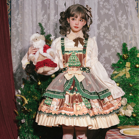 Cute Japanese Christmas Sweet Lolita Top Trumpet Sleeve Shirt Lolita Ruffled Multi Layer Dress