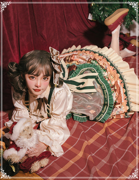 Cute Japanese Christmas Sweet Lolita Top Trumpet Sleeve Shirt Lolita Ruffled Multi Layer Dress