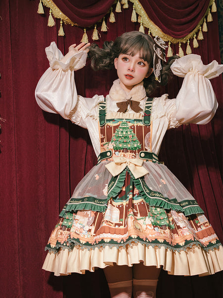Cute Japanese Christmas Sweet Lolita Top Trumpet Sleeve Shirt Lolita Ruffled Multi Layer Dress