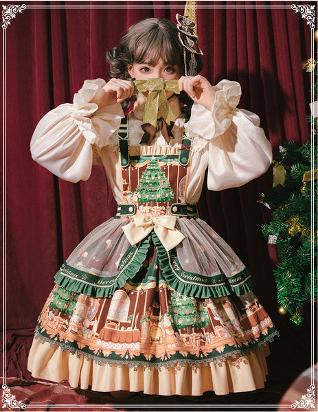 Cute Japanese Christmas Sweet Lolita Top Trumpet Sleeve Shirt Lolita Ruffled Multi Layer Dress