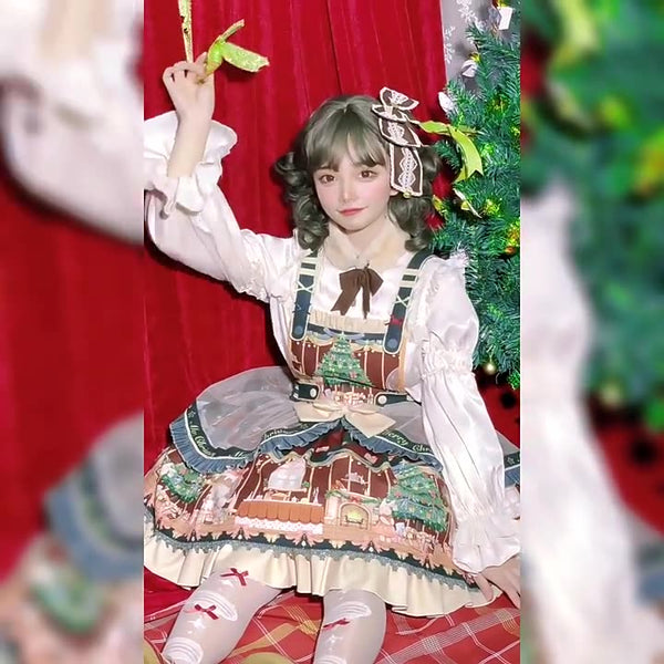 Cute Japanese Christmas Sweet Lolita Top Trumpet Sleeve Shirt Lolita Ruffled Multi Layer Dress