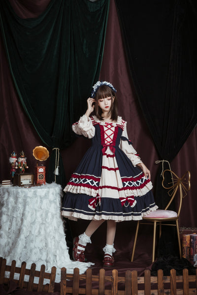 Christmas Cartoon Bowknot Square Neckline Ruffled Puff Long Sleeves Lolita Hair Strap Dress