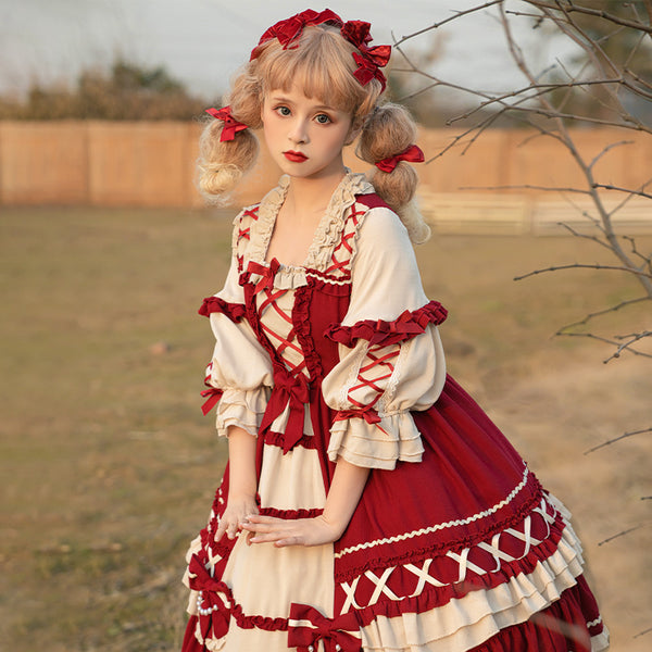 Christmas Cartoon Bowknot Square Neckline Ruffled Puff Long Sleeves Lolita Hair Strap Dress