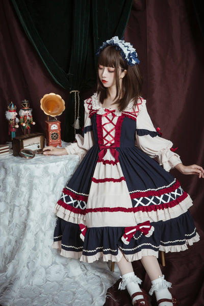 Christmas Cartoon Bowknot Square Neckline Ruffled Puff Long Sleeves Lolita Hair Strap Dress