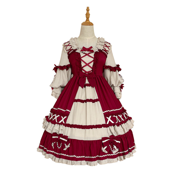 Christmas Cartoon Bowknot Square Neckline Ruffled Puff Long Sleeves Lolita Hair Strap Dress