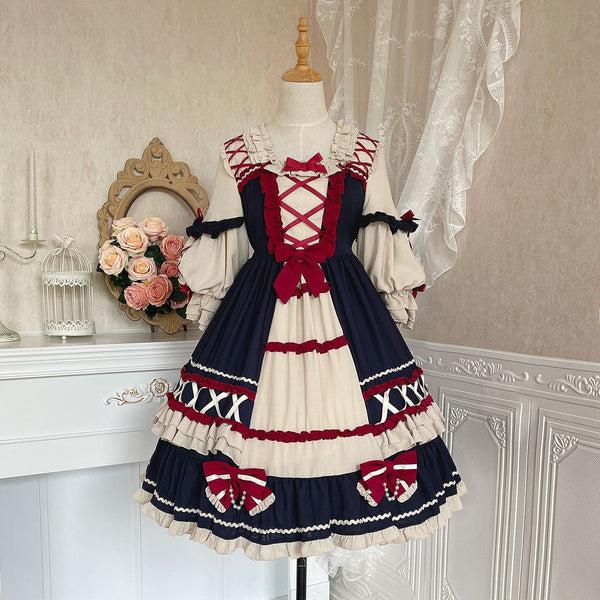 Christmas Cartoon Bowknot Square Neckline Ruffled Puff Long Sleeves Lolita Hair Strap Dress