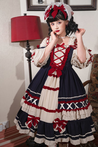 Christmas Cartoon Bowknot Square Neckline Ruffled Puff Long Sleeves Lolita Hair Strap Dress